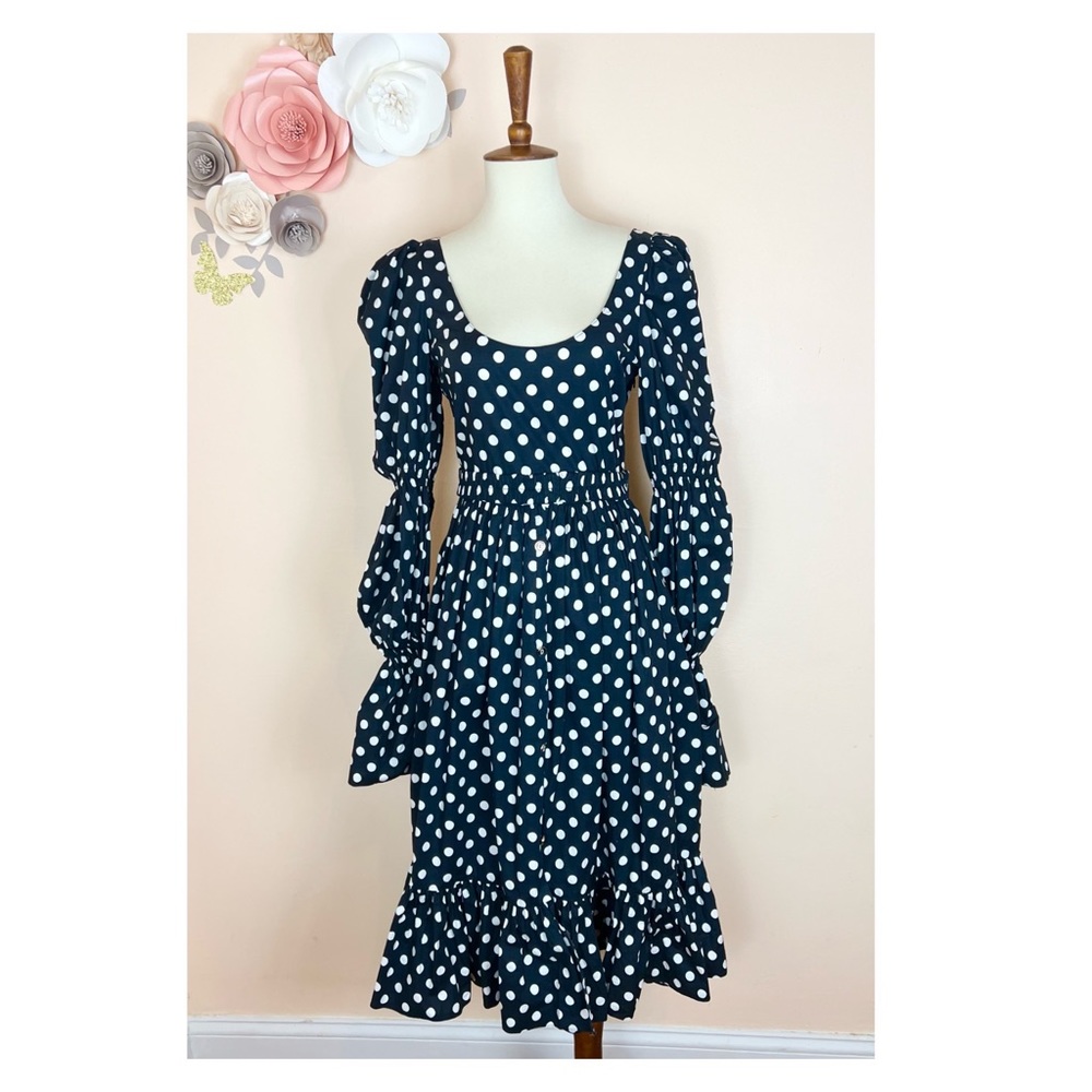 New! CAROLINE CONSTAS Puff Sleeve Polka Dot Ruffle Midi Dress - Picture 6 of 7